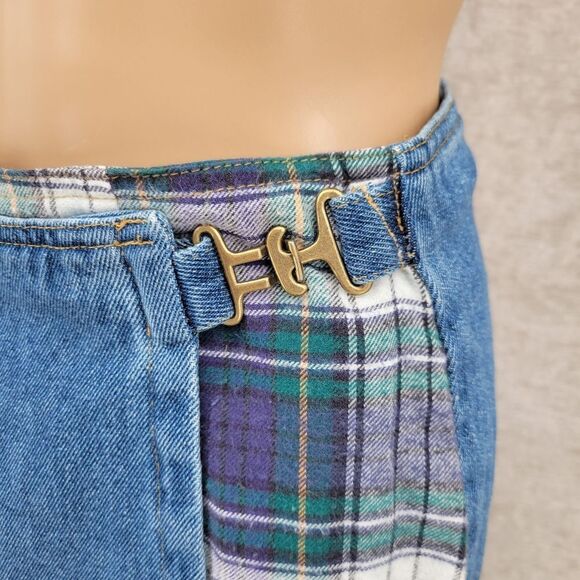 Not Guilty Vintage 90s Denim and Green Plaid Mini Skort Shorts + Skirt Grunge - Picture 2 of 13